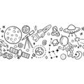 Hand drawn space banner template. Space doodle Vector illustration with cartoon rocket, planets, stars. Universe for your design. Royalty Free Stock Photo