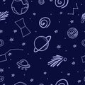 Hand drawn space doodle pattern with planet, stars, asteroid, comet and ufo