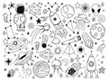 Hand drawn space. Doodle space planets, astrology cosmic doodles, telescope, cosmic rocket, spacecrafts. Universe doodle