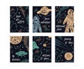 Hand drawn space galaxy retro card set. Night sky with stars, spaceships, astronauts and planets. Vector vertical template for