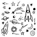 Hand drawn space objects. Planets, comets, rockets.Vector sketch illustration