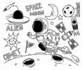 Hand drawn space themed doodle isolated on white background. Doodle cosmos illustration set, design elements for any purposes. Royalty Free Stock Photo