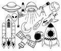 Hand drawn space themed doodle isolated on white background. Doodle cosmos illustration set, design elements for any purposes. Royalty Free Stock Photo