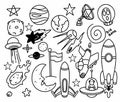Hand drawn space themed doodle isolated on white background. Doodle cosmos illustration set, design elements for any purposes. Royalty Free Stock Photo