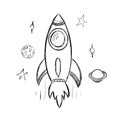 Hand Drawn spaceship doodle. Sketch style icon. Decoration element. Isolated on white background. Flat design. Vector Royalty Free Stock Photo