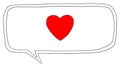 Hand drawn speech bubble with red heart sign against isolated white background.