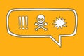 Hand drawn speech bubble with signs of exclamation marks, death, skull and bones and blast against orange background. Royalty Free Stock Photo