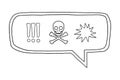 Hand drawn speech bubble with signs of exclamation marks, death, skull and bones and blast Royalty Free Stock Photo