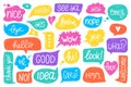 Hand drawn speech bubbles. Doodle dialogue bubble, thinking cloud with handwritten text. Cute comic talking balloons Royalty Free Stock Photo