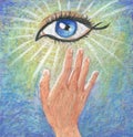 Hand drawn pastel spirit poster. Symbol of enlightenment, intuition and healing. The hand that reaches for the third eye