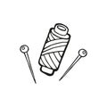 Hand drawn spool of thread and pins. In doodle style, black outline isolated on a white background. Cute element for card, social Royalty Free Stock Photo