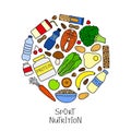 Doodle sport nutrition items in circle.