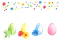 Hand drawn spring festive set watercolor. four Eggs symbol of Easter. Multicolored light sunny flowers and paper pieces. Bright