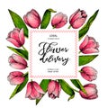 Hand drawn spring floral banner. Colored pink tulip. Flower delivery. Hand drawn detailed engraved illustration. Good