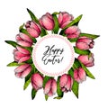 Hand drawn spring floral banner. Colored pink tulip. Happy Easter. Hand drawn detailed engraved illustration. Good for Royalty Free Stock Photo