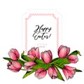 Hand drawn spring floral banner. Colored pink tulip. Happy Easter. Hand drawn detailed engraved illustration. Good for Royalty Free Stock Photo