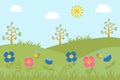 Hand-drawn spring landscape. Spring time landscape background with flowers, bees Royalty Free Stock Photo