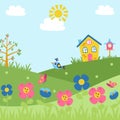 Hand-drawn spring, summer landscape. Spring time landscape background with flowers, birds