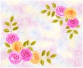 Hand drawn spring watercolor painting with pink and yellow roses flowers. Floral corner ornament on aquarelle summer background Royalty Free Stock Photo