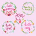 Hand drawn spring wreaths with text Hello spring, march, April,