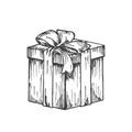 Hand Drawn Square Christmas Present Gift Box with Ribbon Vector Illustration. Abstract Sketch. Winter Holiday Engraving Royalty Free Stock Photo