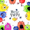 Hand drawn square frame with watercolor funny monster heads. Celebration illustration. Cartoon horror party. Funny