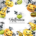 Hand drawn square frame with watercolor pumpkins and leaves. Halloween holiday illustration. Funny food. Magic, symbol Royalty Free Stock Photo