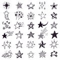 Hand drawn star sketch. Doodle stars sketch, drawing ink starburst and shiny stars. Starry doodles vector illustration