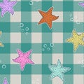 Hand drawn Starfish pattern on checkered background
