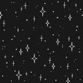 Hand drawn stars and dots on a black background. Vector seamless pattern