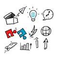 Hand drawn Startup line icons. Launch Project, Business report and Target. with doodle style vector isolated