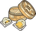 Hand Drawn steamed bun with bamboo tray Chinese and Japanese food illustration