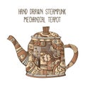 Hand drawn steampunk mechanical teapot