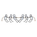 Hand drawn stick figures playing tug of war vector illustration. Competitive effort to win rope sport. Cartoon graphic