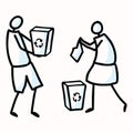 Hand Drawn Stick Figures Trash Collecting. Concept of Clean Up Earth Day. Simple Icon Motif for Environmental Earth Day