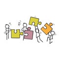 Hand drawn stick man Holding the big jigsaw puzzle piece symbol for Teamwork successful together concept. Marketing content. Royalty Free Stock Photo