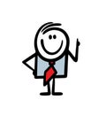 Hand drawn stickman in business suit points his finger up and draws attention to important information.