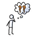 Hand drawn stickman confused with speech bubble question mark. Simple outline curious doodle icon clipart. For question