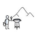 Hand drawn stickman cookout bbq concept. Simple outdoor vacation doodle icon for staycation, family travel adventure