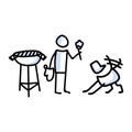 Hand drawn stickman cookout with dog bbq concept. Simple outdoor vacation doodle icon for staycation, family travel