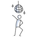 Hand drawn stickman disco dancer with ball concept. Simple outline ballerina figure doodle icon clipart. For dance