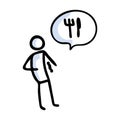 Hand drawn stickman hungry with speech bubble. Simple outline hunger starving doodle icon clipart. For food sketch