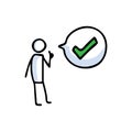 Hand drawn stickman positive thumbs up with speech bubble. Simple outline checkmark tick doodle icon clipart. For