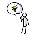 Hand drawn stickman with speech bubble lightbulb idea. Simple outline genius thought doodle icon clipart. For curious