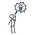 Hand drawn stickman with speech bubble lightbulb idea. Simple outline genius thought doodle icon clipart. For curious