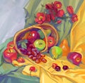 Hand-drawn still life with a basket of apples and poppies. Oil Painting Royalty Free Stock Photo