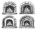 Fireplace with fire illustration. Hand drawn stone oven in sketch style