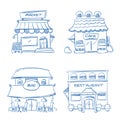 Hand drawn store, shop, restaurant, cafe, bar buildings. Vector doodle collection