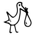 Hand drawn stork brought a baby doodle. Sketch winter icon. Decoration element. Isolated on white background. Vector illustration