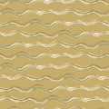 Hand drawn strands of wavy broken stripes.Seamless vector pattern with horizontal irregular fibre strands. Mustard